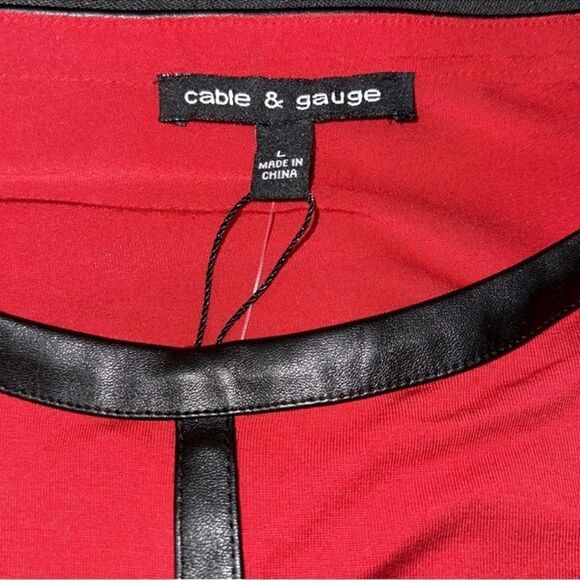 cable & gauge L Red Black Faux Leather Trim Crew Lightweight Quarter Sleeve Top - Picture 11 of 14